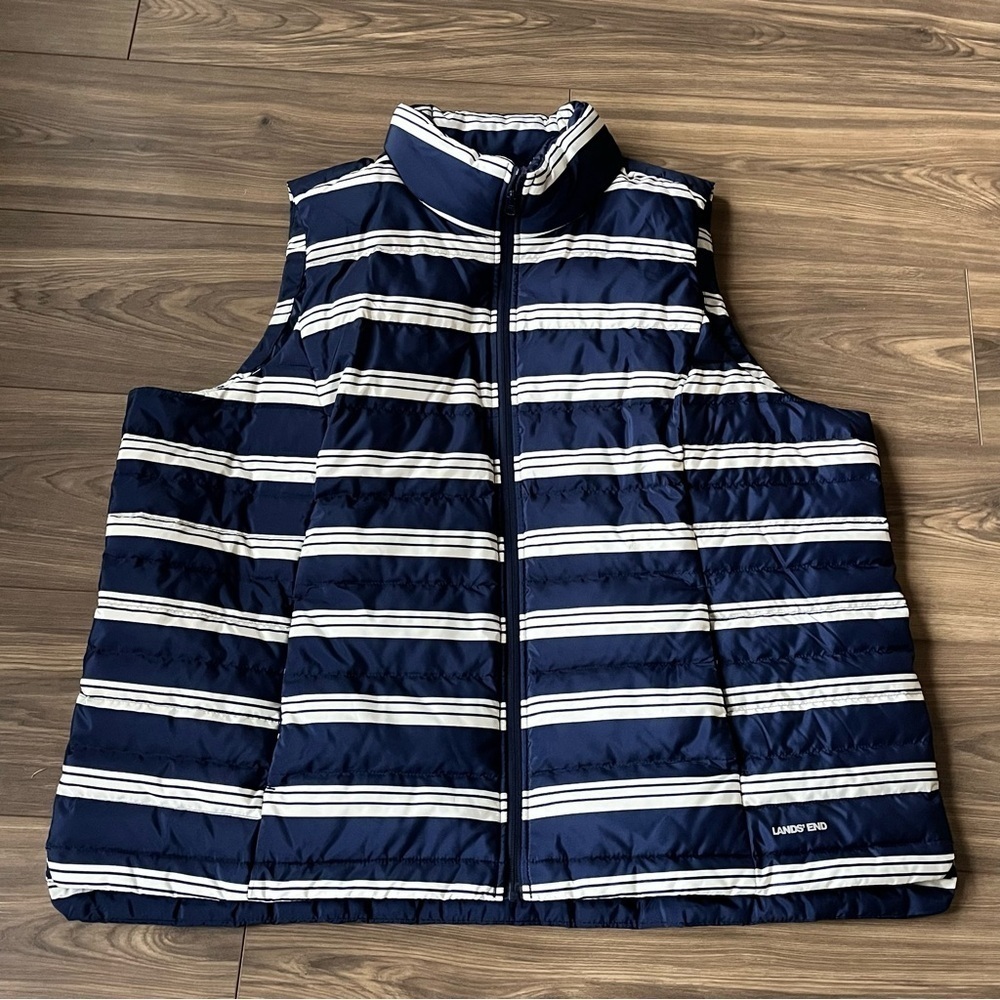 Lands End Down Puffer Vest Womens 2X Blue Deep Sea Navy Founders Stripe NEW - Picture 4 of 10